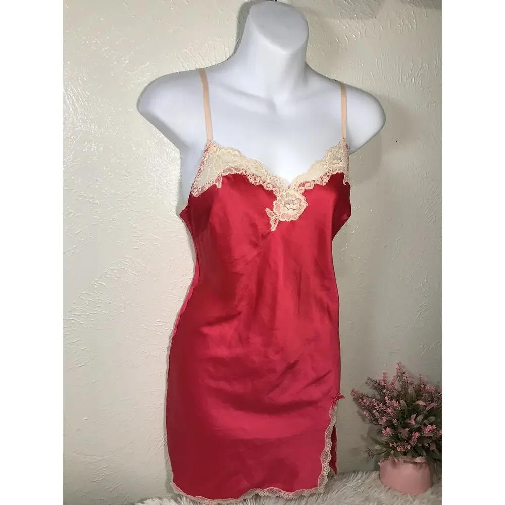 Vgt 2012 VICTORIA'S SECRET SATIN Slip Babydoll Nightgown Magenta Strappy Lace S